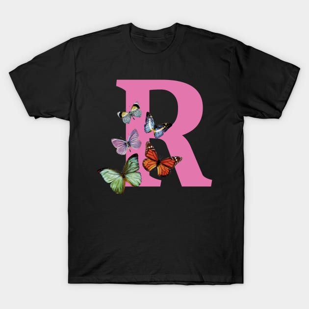 Letter pink R with colorful butterflies T-Shirt by ColorsHappiness